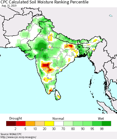 Southern Asia CPC Soil Moisture Ranking Percentile (Leaky Bucket) Thematic Map For 8/26/2019 - 8/31/2019