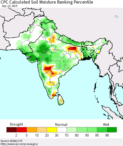 Southern Asia CPC Soil Moisture Ranking Percentile (Leaky Bucket) Thematic Map For 9/6/2019 - 9/10/2019