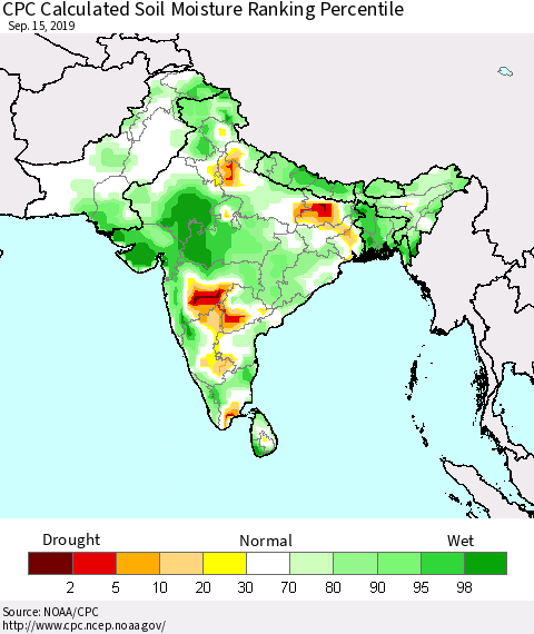 Southern Asia CPC Soil Moisture Ranking Percentile (Leaky Bucket) Thematic Map For 9/11/2019 - 9/15/2019
