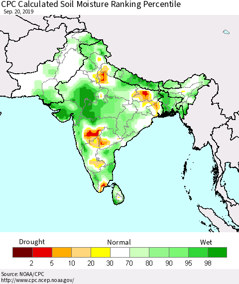 Southern Asia CPC Soil Moisture Ranking Percentile (Leaky Bucket) Thematic Map For 9/16/2019 - 9/20/2019