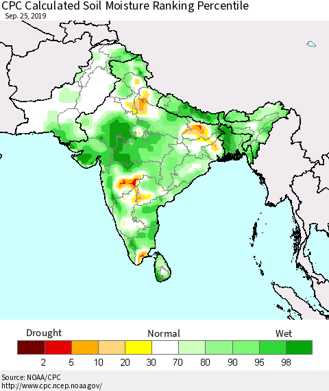 Southern Asia CPC Soil Moisture Ranking Percentile (Leaky Bucket) Thematic Map For 9/21/2019 - 9/25/2019