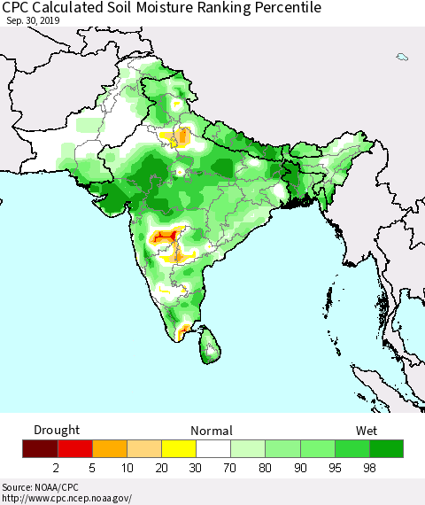 Southern Asia CPC Soil Moisture Ranking Percentile (Leaky Bucket) Thematic Map For 9/26/2019 - 9/30/2019