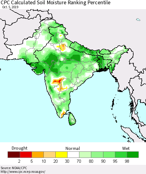 Southern Asia CPC Calculated Soil Moisture Ranking Percentile Thematic Map For 10/1/2019 - 10/5/2019