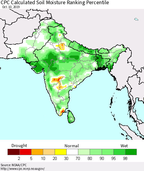 Southern Asia CPC Calculated Soil Moisture Ranking Percentile Thematic Map For 10/6/2019 - 10/10/2019