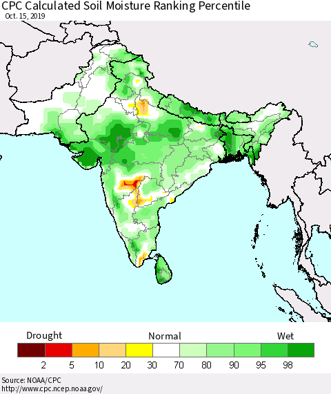 Southern Asia CPC Calculated Soil Moisture Ranking Percentile Thematic Map For 10/11/2019 - 10/15/2019