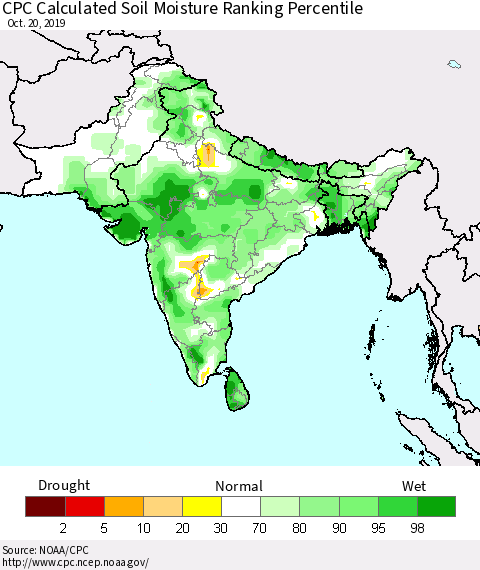 Southern Asia CPC Calculated Soil Moisture Ranking Percentile Thematic Map For 10/16/2019 - 10/20/2019