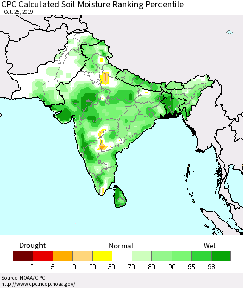 Southern Asia CPC Calculated Soil Moisture Ranking Percentile Thematic Map For 10/21/2019 - 10/25/2019