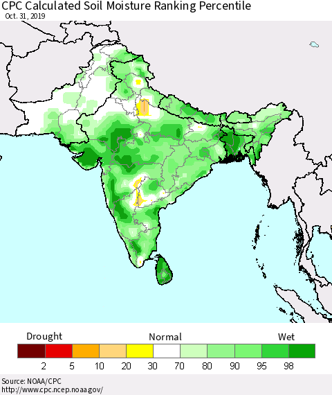 Southern Asia CPC Calculated Soil Moisture Ranking Percentile Thematic Map For 10/26/2019 - 10/31/2019