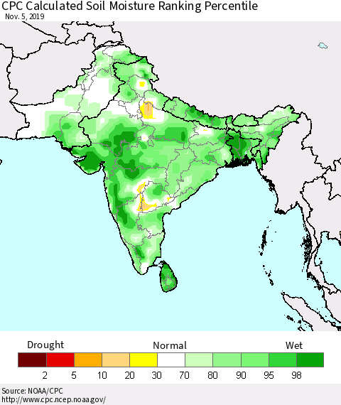 Southern Asia CPC Calculated Soil Moisture Ranking Percentile Thematic Map For 11/1/2019 - 11/5/2019