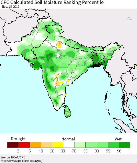 Southern Asia CPC Calculated Soil Moisture Ranking Percentile Thematic Map For 11/11/2019 - 11/15/2019