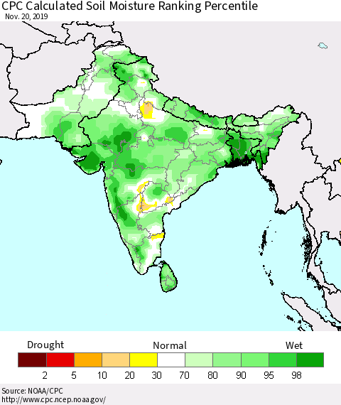 Southern Asia CPC Calculated Soil Moisture Ranking Percentile Thematic Map For 11/16/2019 - 11/20/2019