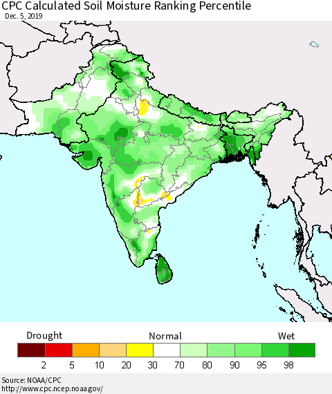 Southern Asia CPC Calculated Soil Moisture Ranking Percentile Thematic Map For 12/1/2019 - 12/5/2019