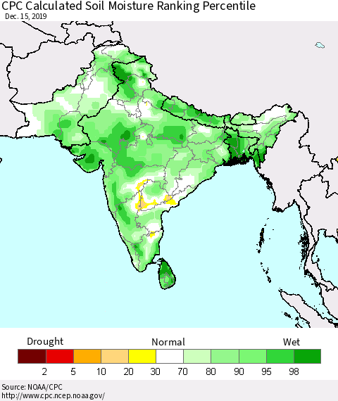 Southern Asia CPC Calculated Soil Moisture Ranking Percentile Thematic Map For 12/11/2019 - 12/15/2019