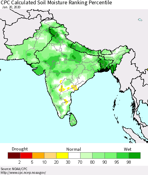 Southern Asia CPC Soil Moisture Ranking Percentile (Leaky Bucket) Thematic Map For 1/16/2020 - 1/20/2020