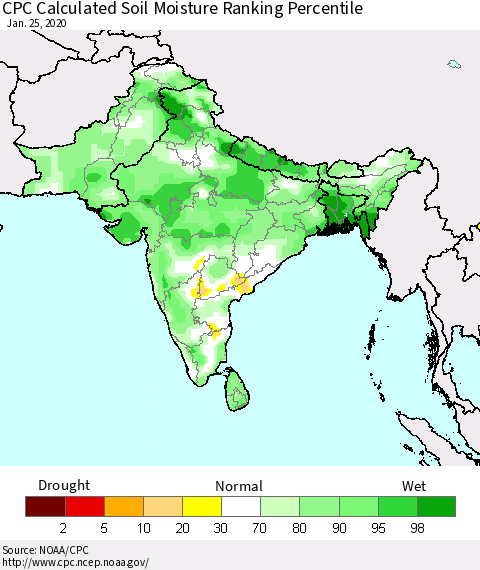 Southern Asia CPC Calculated Soil Moisture Ranking Percentile Thematic Map For 1/21/2020 - 1/25/2020