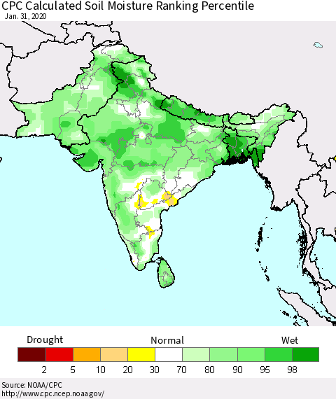 Southern Asia CPC Soil Moisture Ranking Percentile (Leaky Bucket) Thematic Map For 1/26/2020 - 1/31/2020