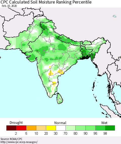Southern Asia CPC Calculated Soil Moisture Ranking Percentile Thematic Map For 2/6/2020 - 2/10/2020