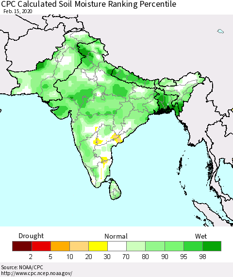 Southern Asia CPC Calculated Soil Moisture Ranking Percentile Thematic Map For 2/11/2020 - 2/15/2020