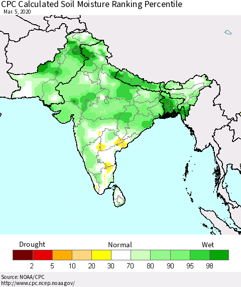 Southern Asia CPC Calculated Soil Moisture Ranking Percentile Thematic Map For 3/1/2020 - 3/5/2020