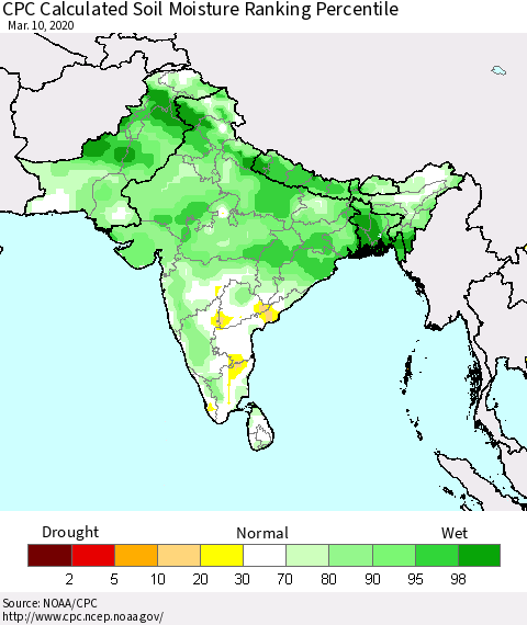 Southern Asia CPC Calculated Soil Moisture Ranking Percentile Thematic Map For 3/6/2020 - 3/10/2020