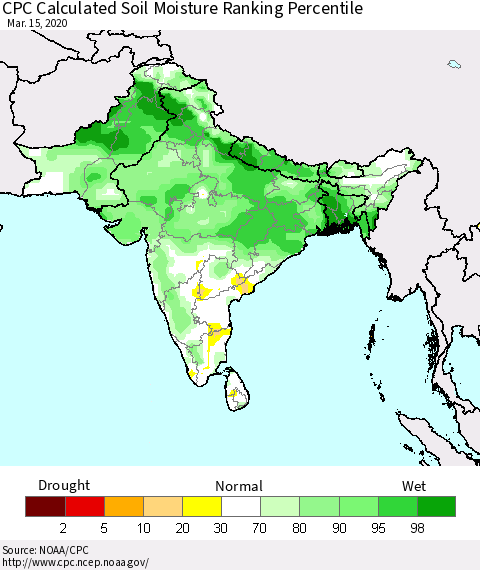 Southern Asia CPC Soil Moisture Ranking Percentile (Leaky Bucket) Thematic Map For 3/11/2020 - 3/15/2020