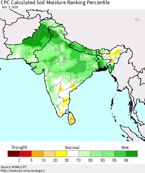 Southern Asia CPC Calculated Soil Moisture Ranking Percentile Thematic Map For 4/1/2020 - 4/5/2020