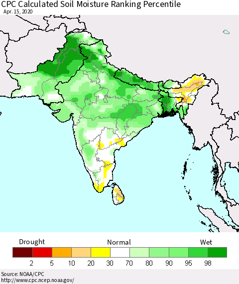 Southern Asia CPC Calculated Soil Moisture Ranking Percentile Thematic Map For 4/11/2020 - 4/15/2020