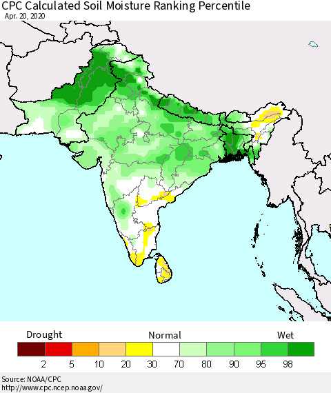 Southern Asia CPC Calculated Soil Moisture Ranking Percentile Thematic Map For 4/16/2020 - 4/20/2020