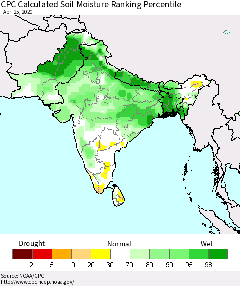 Southern Asia CPC Soil Moisture Ranking Percentile (Leaky Bucket) Thematic Map For 4/21/2020 - 4/25/2020