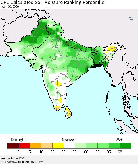 Southern Asia CPC Calculated Soil Moisture Ranking Percentile Thematic Map For 4/26/2020 - 4/30/2020