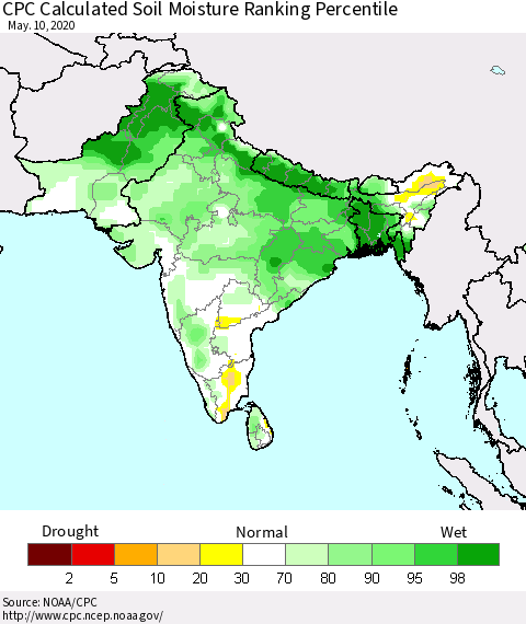 Southern Asia CPC Soil Moisture Ranking Percentile (Leaky Bucket) Thematic Map For 5/6/2020 - 5/10/2020