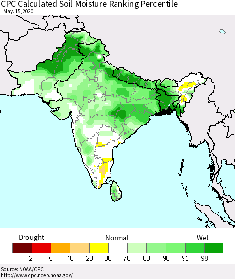 Southern Asia CPC Calculated Soil Moisture Ranking Percentile Thematic Map For 5/11/2020 - 5/15/2020