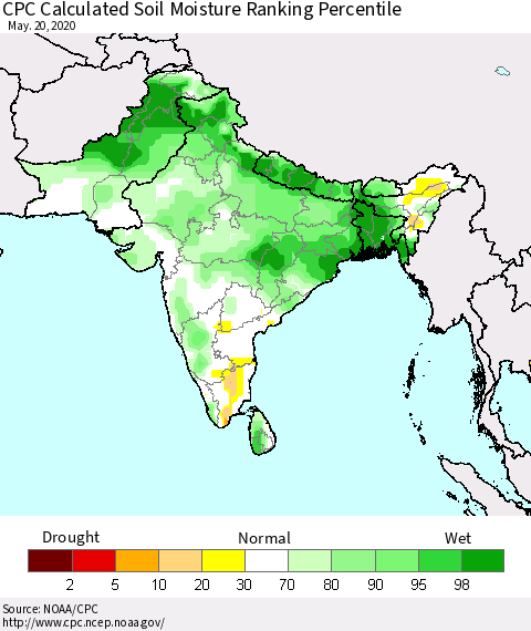Southern Asia CPC Calculated Soil Moisture Ranking Percentile Thematic Map For 5/16/2020 - 5/20/2020