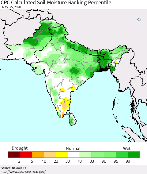 Southern Asia CPC Soil Moisture Ranking Percentile (Leaky Bucket) Thematic Map For 5/21/2020 - 5/25/2020