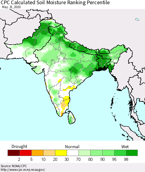 Southern Asia CPC Calculated Soil Moisture Ranking Percentile Thematic Map For 5/26/2020 - 5/31/2020