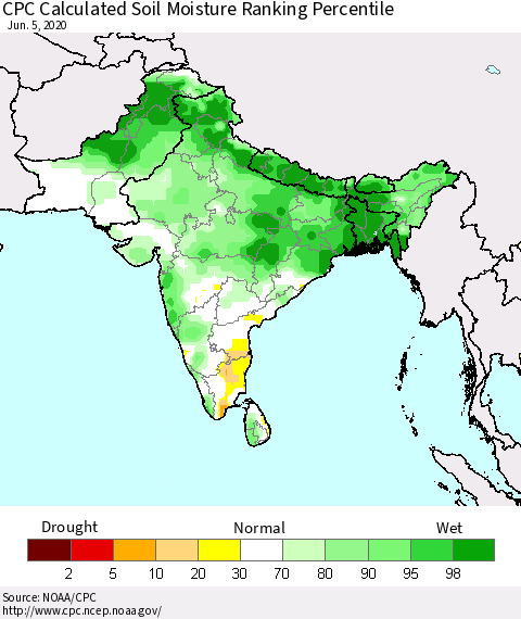 Southern Asia CPC Calculated Soil Moisture Ranking Percentile Thematic Map For 6/1/2020 - 6/5/2020