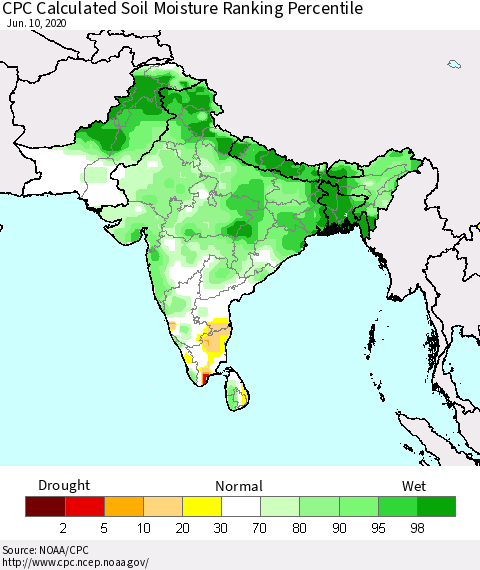 Southern Asia CPC Soil Moisture Ranking Percentile (Leaky Bucket) Thematic Map For 6/6/2020 - 6/10/2020