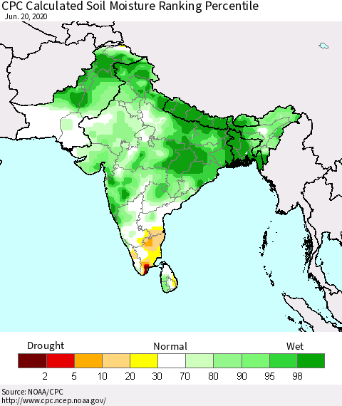 Southern Asia CPC Calculated Soil Moisture Ranking Percentile Thematic Map For 6/16/2020 - 6/20/2020