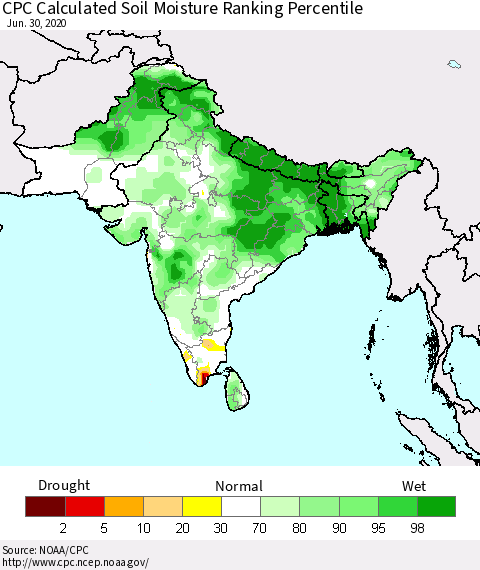 Southern Asia CPC Soil Moisture Ranking Percentile (Leaky Bucket) Thematic Map For 6/26/2020 - 6/30/2020