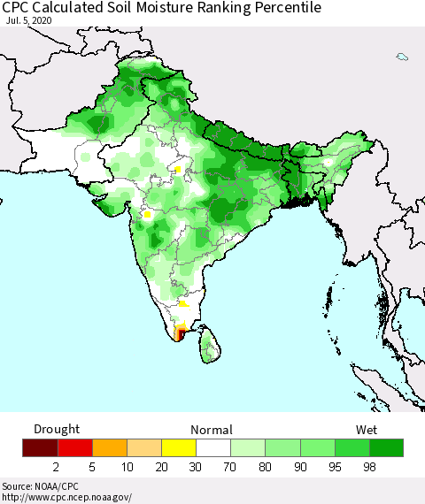 Southern Asia CPC Calculated Soil Moisture Ranking Percentile Thematic Map For 7/1/2020 - 7/5/2020