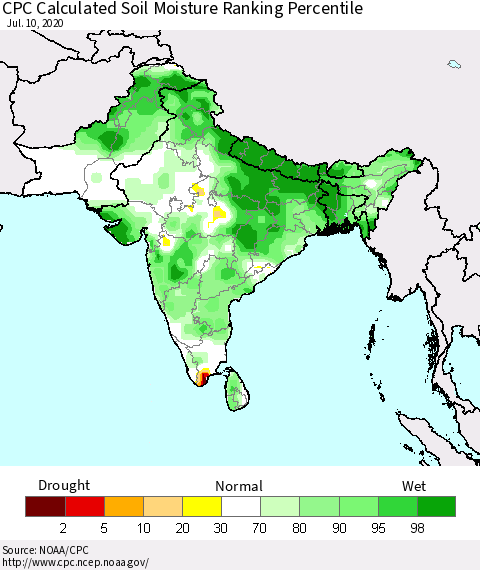 Southern Asia CPC Soil Moisture Ranking Percentile (Leaky Bucket) Thematic Map For 7/6/2020 - 7/10/2020