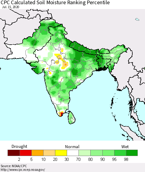 Southern Asia CPC Soil Moisture Ranking Percentile (Leaky Bucket) Thematic Map For 7/11/2020 - 7/15/2020