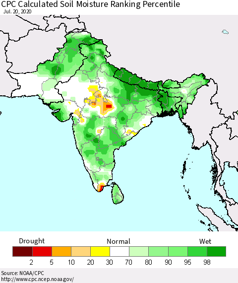 Southern Asia CPC Calculated Soil Moisture Ranking Percentile Thematic Map For 7/16/2020 - 7/20/2020