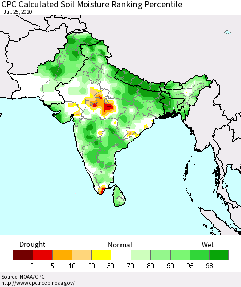 Southern Asia CPC Calculated Soil Moisture Ranking Percentile Thematic Map For 7/21/2020 - 7/25/2020