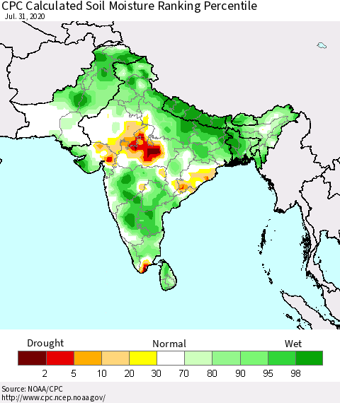 Southern Asia CPC Calculated Soil Moisture Ranking Percentile Thematic Map For 7/26/2020 - 7/31/2020