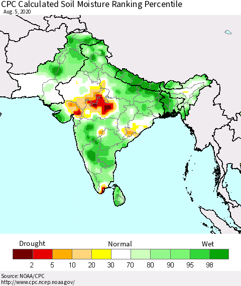 Southern Asia CPC Soil Moisture Ranking Percentile (Leaky Bucket) Thematic Map For 8/1/2020 - 8/5/2020