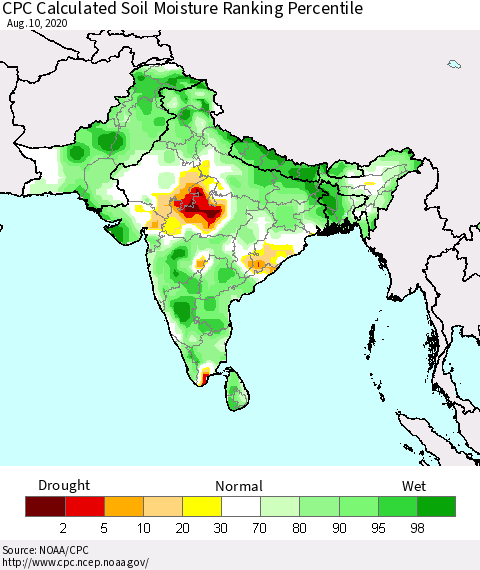 Southern Asia CPC Calculated Soil Moisture Ranking Percentile Thematic Map For 8/6/2020 - 8/10/2020