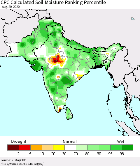 Southern Asia CPC Calculated Soil Moisture Ranking Percentile Thematic Map For 8/16/2020 - 8/20/2020