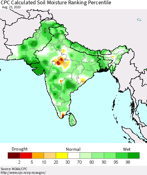Southern Asia CPC Soil Moisture Ranking Percentile (Leaky Bucket) Thematic Map For 8/21/2020 - 8/25/2020
