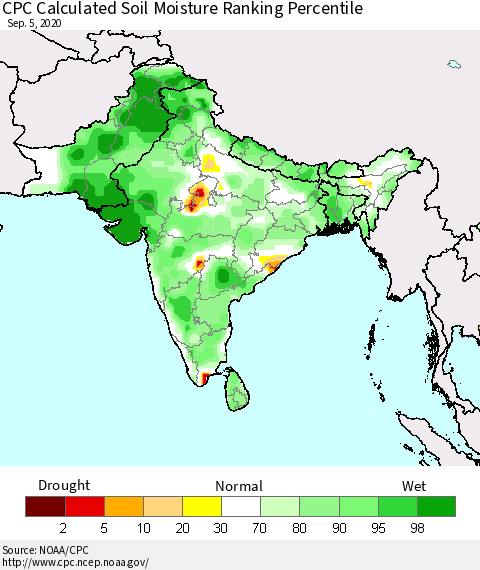 Southern Asia CPC Soil Moisture Ranking Percentile (Leaky Bucket) Thematic Map For 9/1/2020 - 9/5/2020